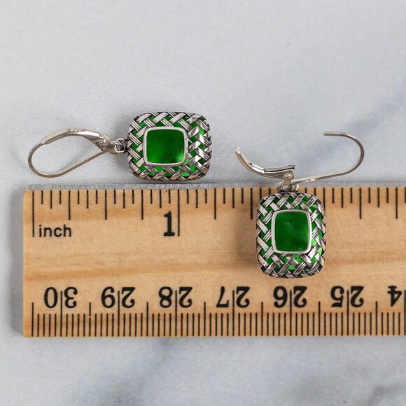 Recycled Vintage 1960's Green Beer Bottle Sterling Quilted Square Earrings - Picture 6 of 6